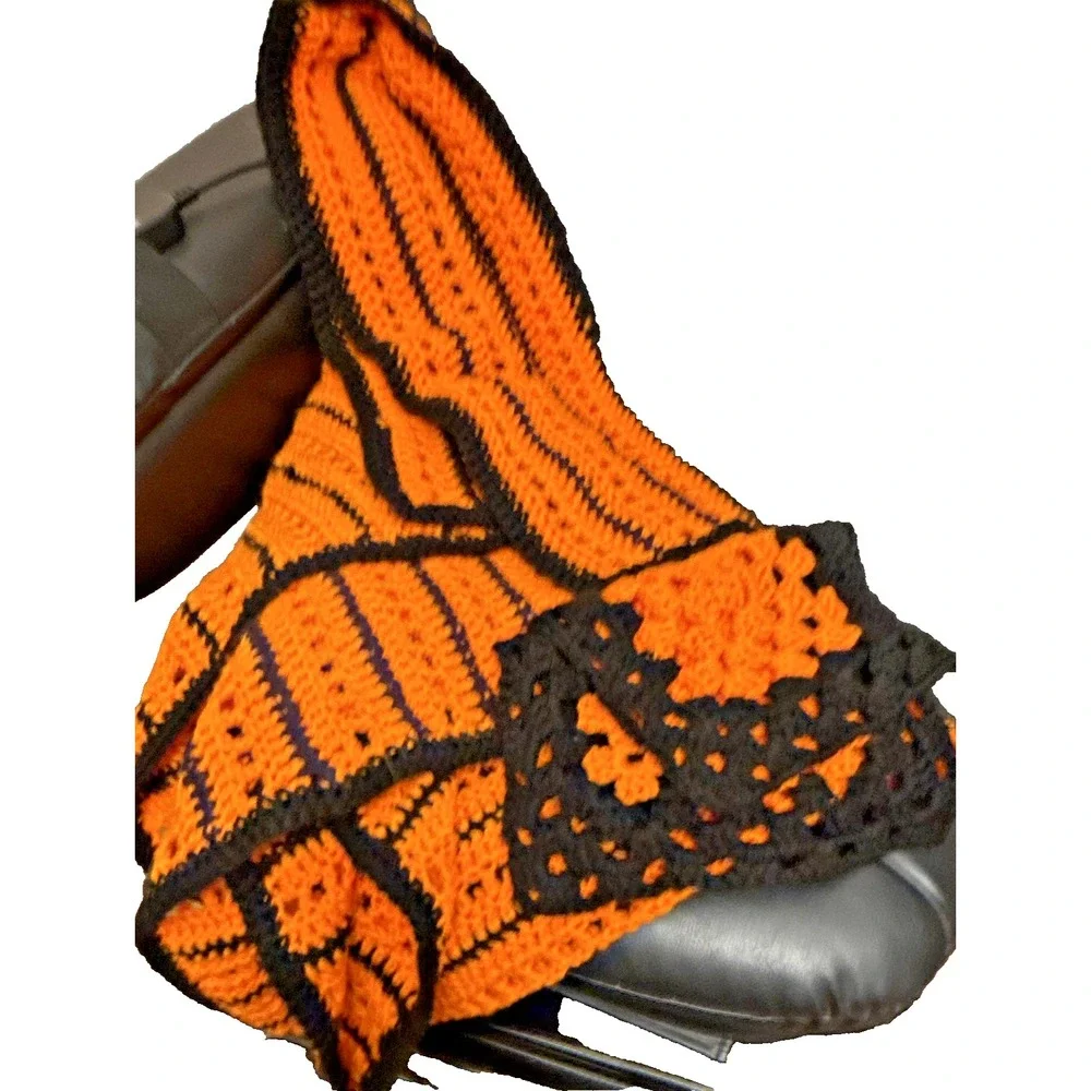 Handmade Crocheted Halloween Jack-o-lantern Throw Blanket Orange Black 60x48